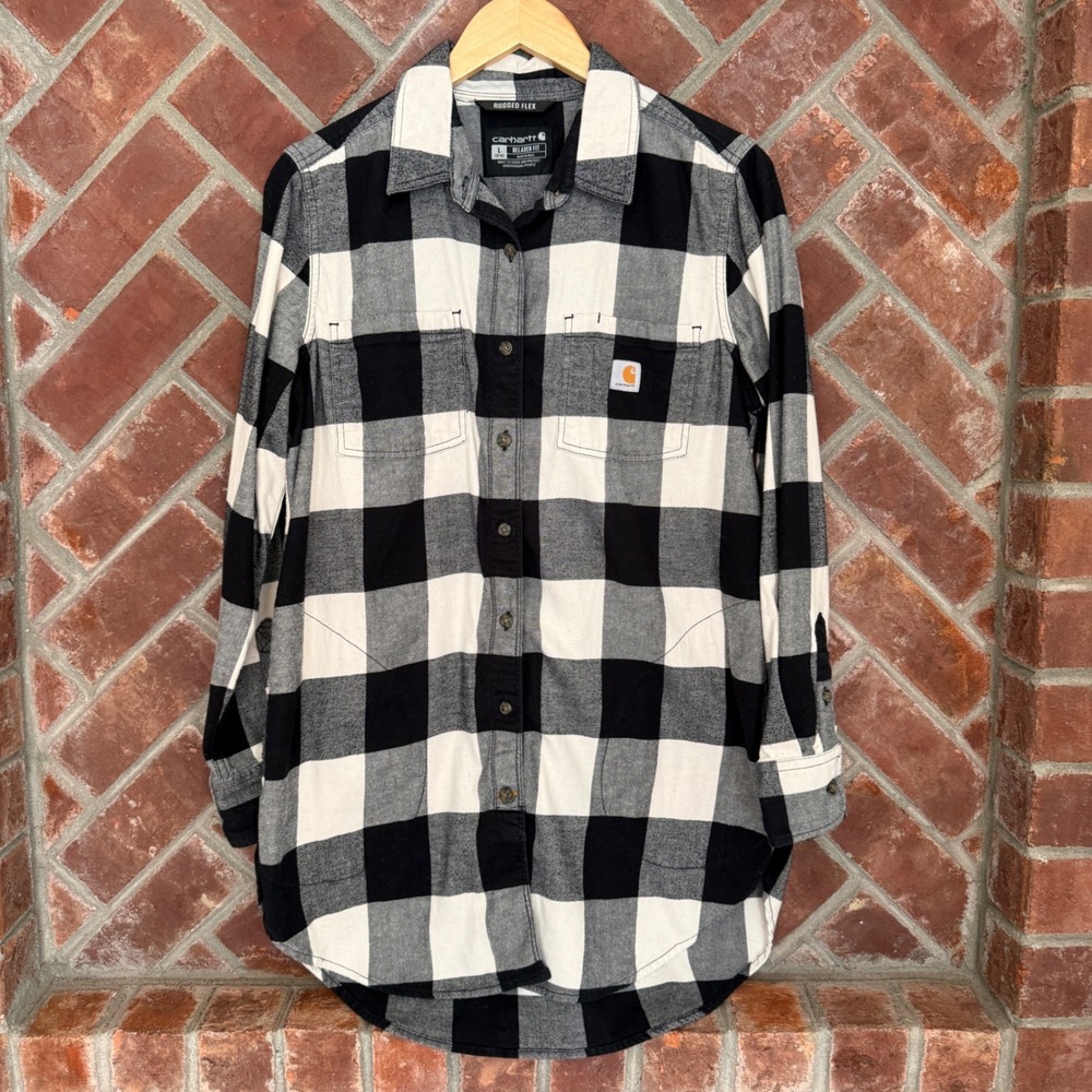 Carhartt Flannel Shirt Women L Black White Buffalo Plaid Rugged Flex Pockets
